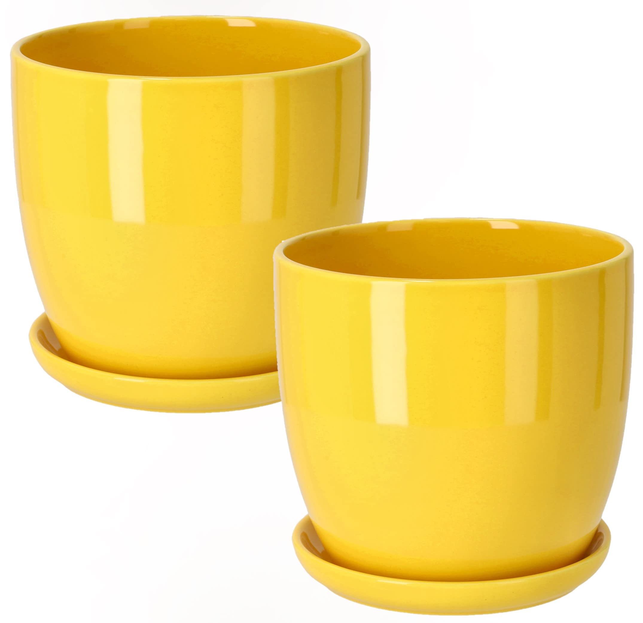 KOTARBAU® 2 x Maceteros con Plato de cerámica esmaltada, 13 cm, Maceta Amarilla, Tiesto Decorativo para Plantas, Maceta con Plato y Orificio de Drenaje, Reflejo Brillante, Macetas de Ceramica 2 UDS