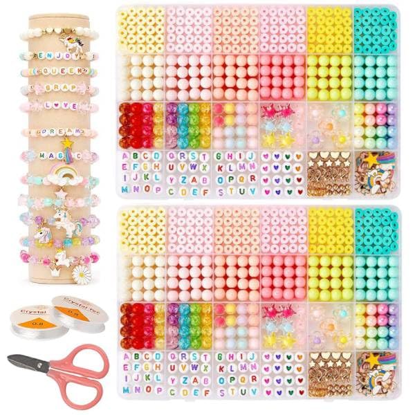 Image of SANNIDHI 2 Boxes Bracelet Making Kit for Girls & Women, 2000+ Macaron Clay Beads Set, Letter & Unicorn Charms, Crystal Flower Hair Bead, Tools, DIY Jewelry Craft for Gifts Kids