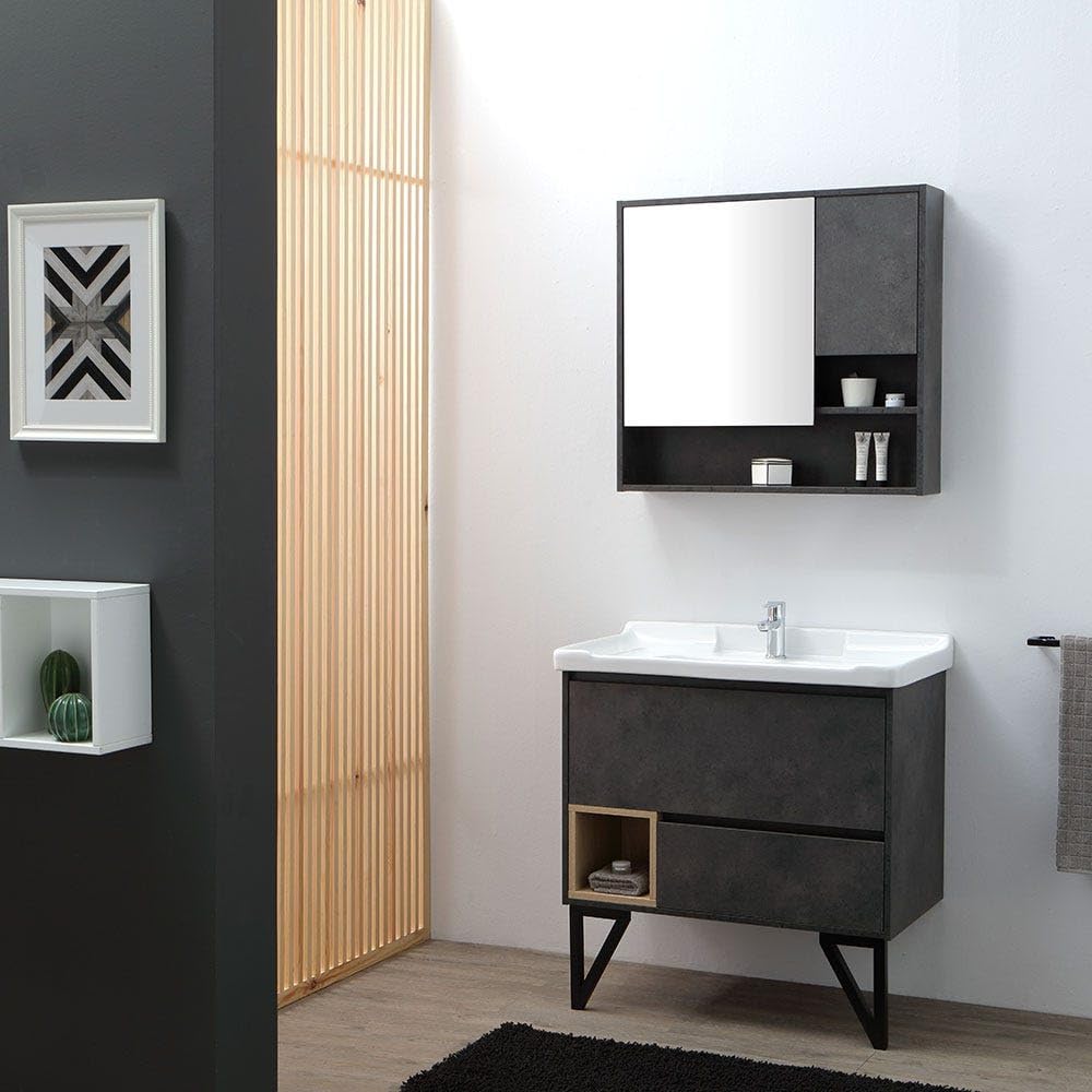 Kiamami Valentina - Mueble de baño 80cm, 2 cajones Gris Industrial, Patas de Acero y Espejo contenedor | Viena