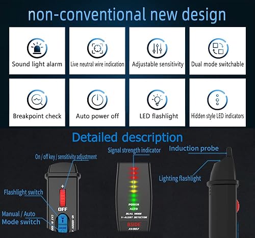Miniatura 4 de Detector de voltaje, probador de cable nulo Detector de voltaje sin contacto, probador de alambre nulo de pluma con modo dual 12  1000 V48  1000 V