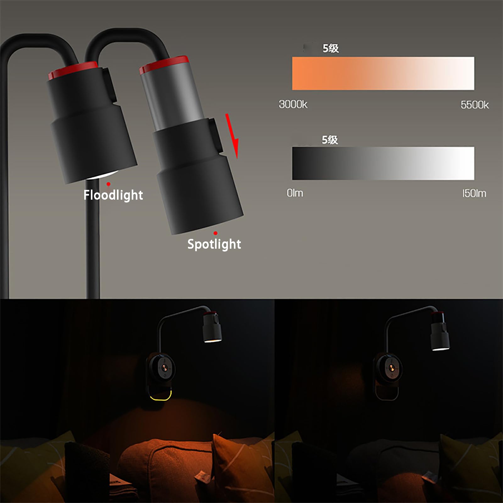 Luce Lettura Flessibile A Collo di Cigno - Applique LED Ricaricabile USB con Touch Dimmer E Telecomando Magnetico, Parete con 5 Livelli di Luminosità (Black)