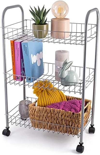 3 Tier Fruit Vegetable Trolley Basket Rack Kitchen Storage with Wheels, Storage Rack with Organizer Baskets for Fruits, Vegetables, books, tools Storage, Silver