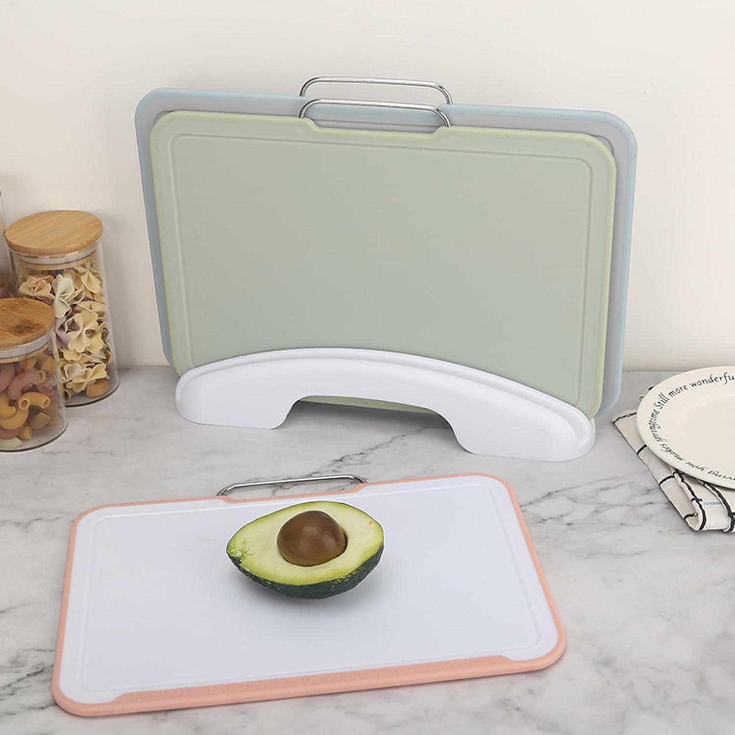 3-Piece Colorful Cutting Board Set with Stand | Color-Coded | Non-Slip | Dishwasher Safe | Durable Large Food Chopping Boards