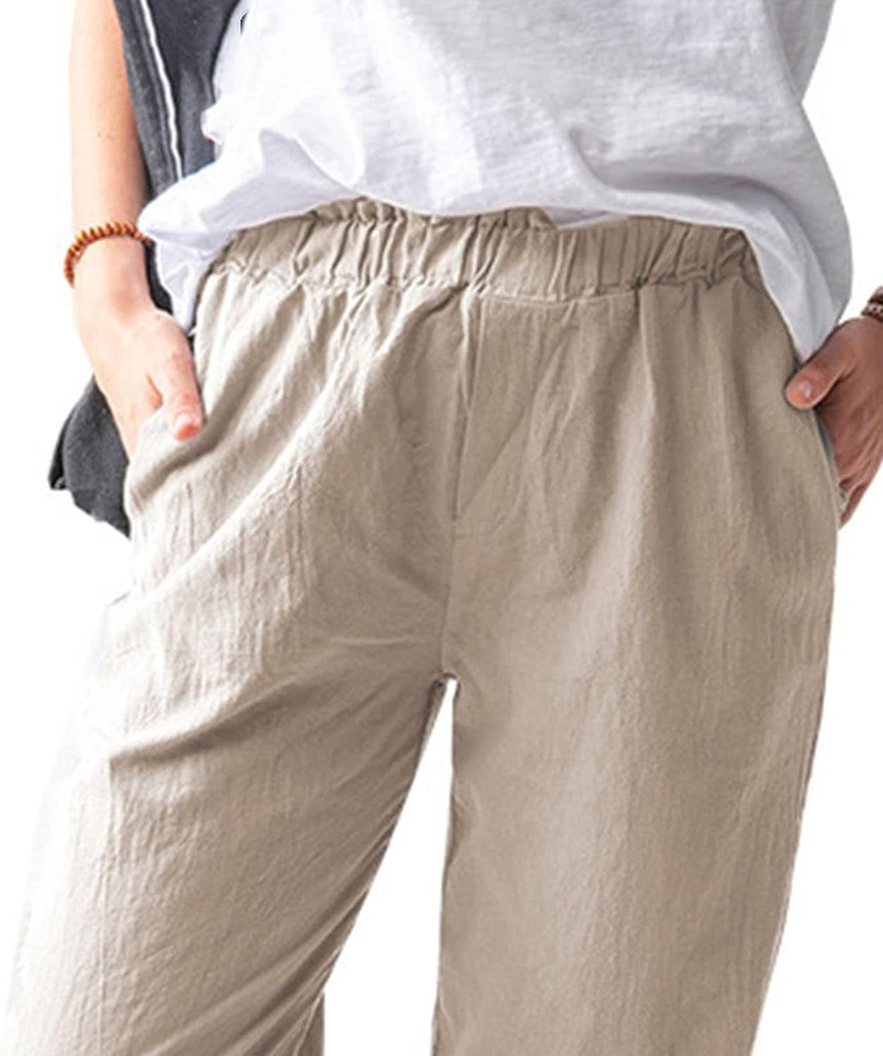 DGHM-JLMY Women's Linen Solid Elastic High Waist Straight Trousers Summer Casual Comfy Pants Pockets Cotton Lounge Pants