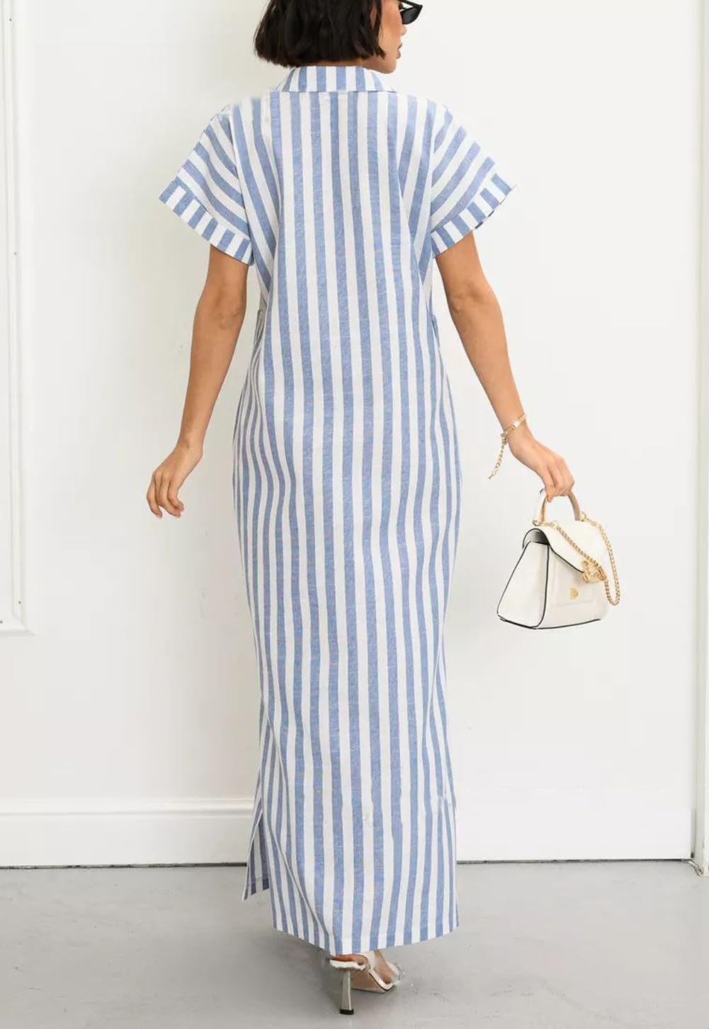 utcoco Women's 2025 Striped Short Sleeve Cotton Maxi Shirt Dress Belted Side Slit Button Down Dress with Pockets - Image 2