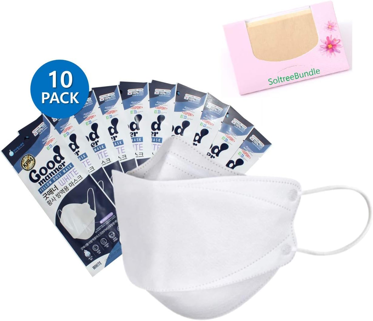 SoltreeBundle (Pack of 10) KF94 Korea White Disposable Face Protective Masks for Adult, 10 Individually Packaged, 4-Layers Mask (White) Oil Blotting Paper 50pcs