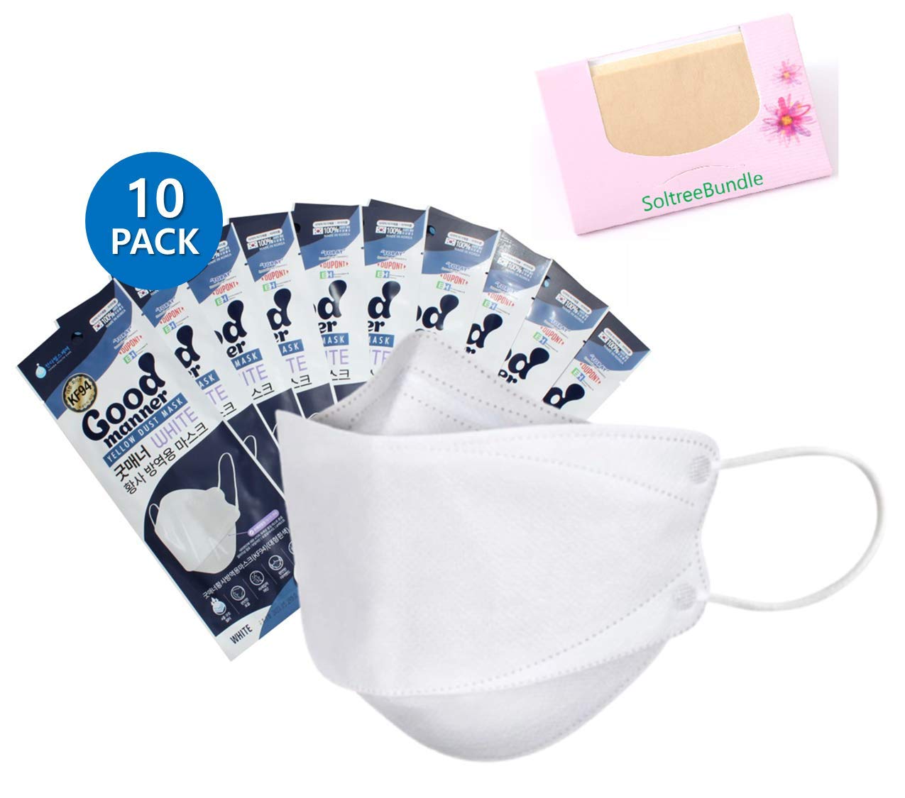 SoltreeBundle (Pack of 10) KF94 Korea White Disposable Face Protective Masks for Adult, 10 Individually Packaged, 4-Layers Mask (White) Oil Blotting Paper 50pcs