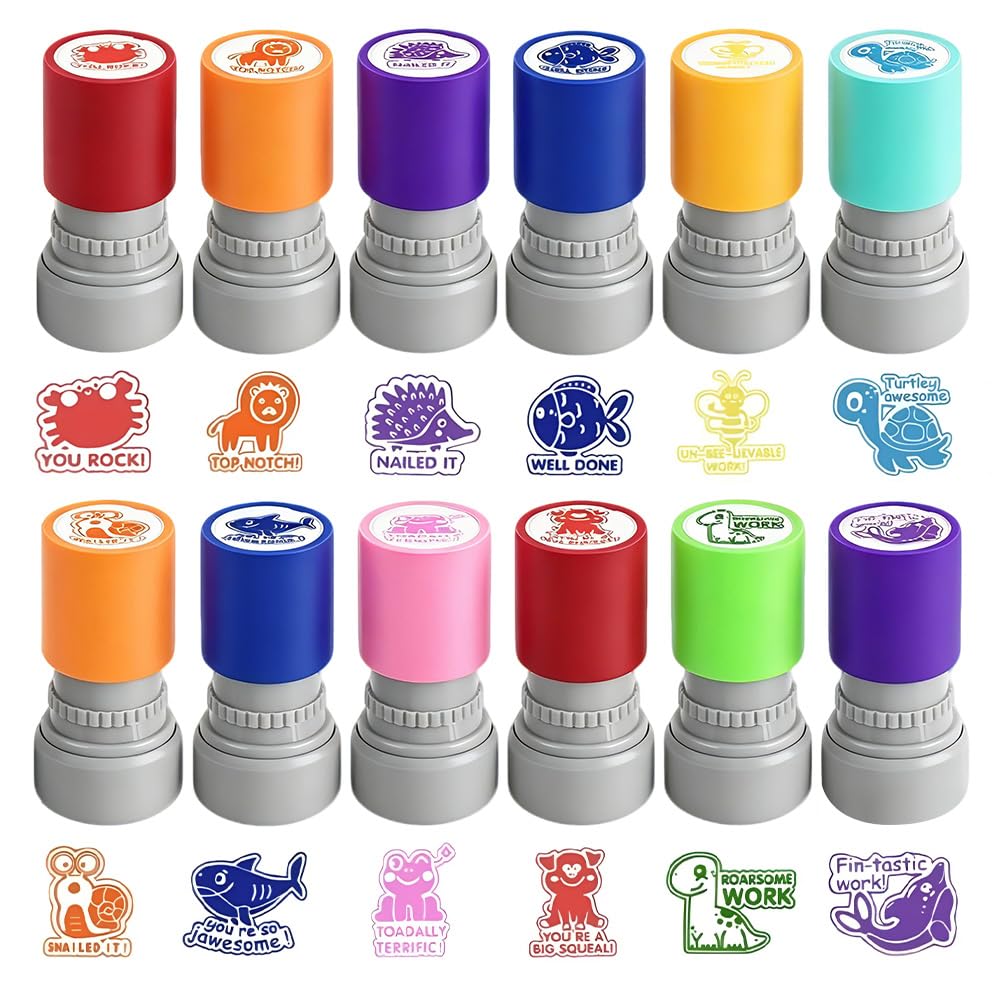 12 Pcs Teacher Stamps Set, Self-Inking Rubber Colorful Stamps, Personalized Stamps for Teachers, Grading Homework Test Motivation Students Behavior Reward Supplies
