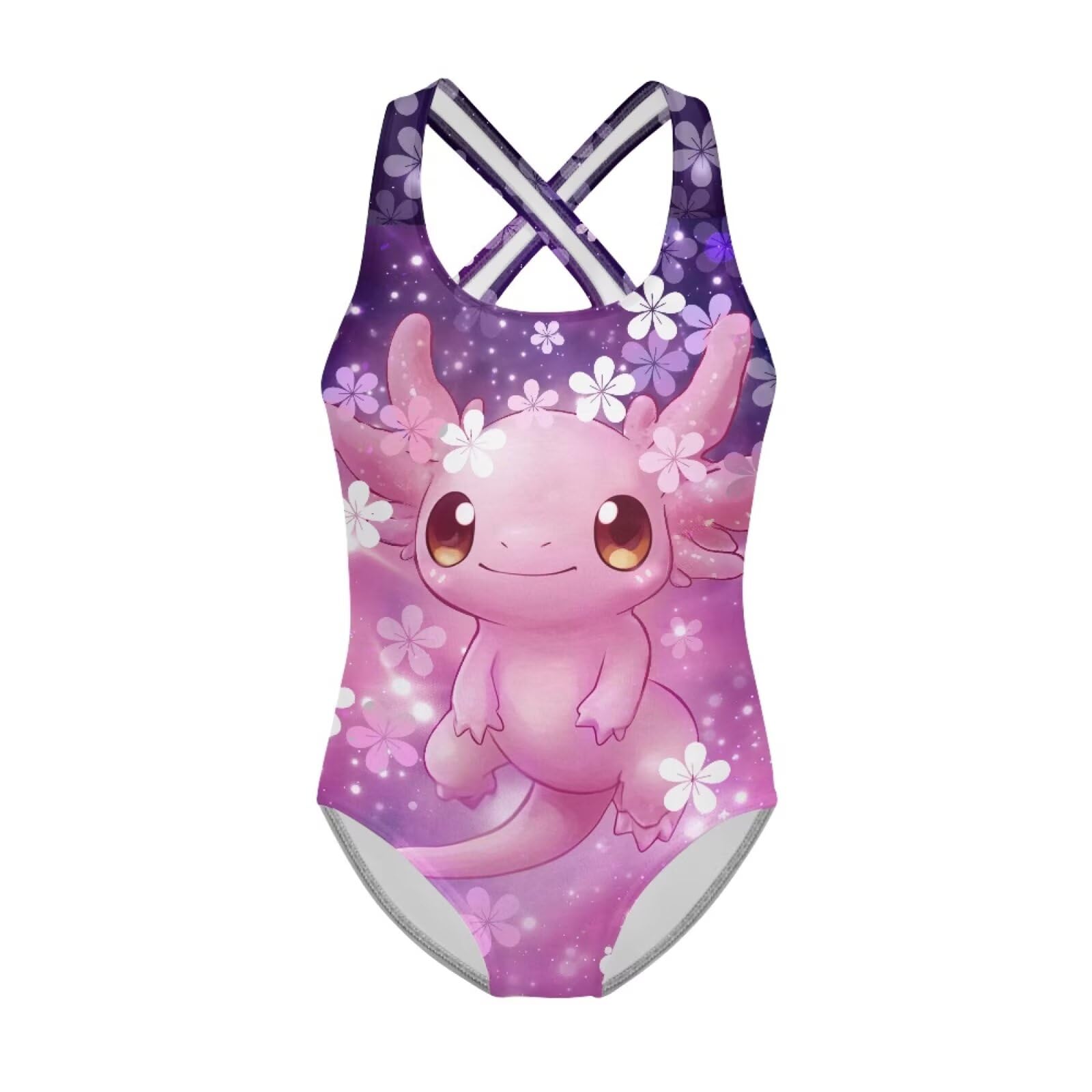 Girls One Piece Swimsuits Axolotl Cross Back Swimwear Beach Summer Quick Dry Beach Bathing Suit
