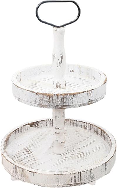 WANAONE 2-Tier Wooden Two Tiered Tray, Farmhouse Round Wood Display Stand Kitchen Décor Table Stand With Metal Handles Farmhouse Dessert Stand for Birthday/Tea/Wedding/Baby Shower
