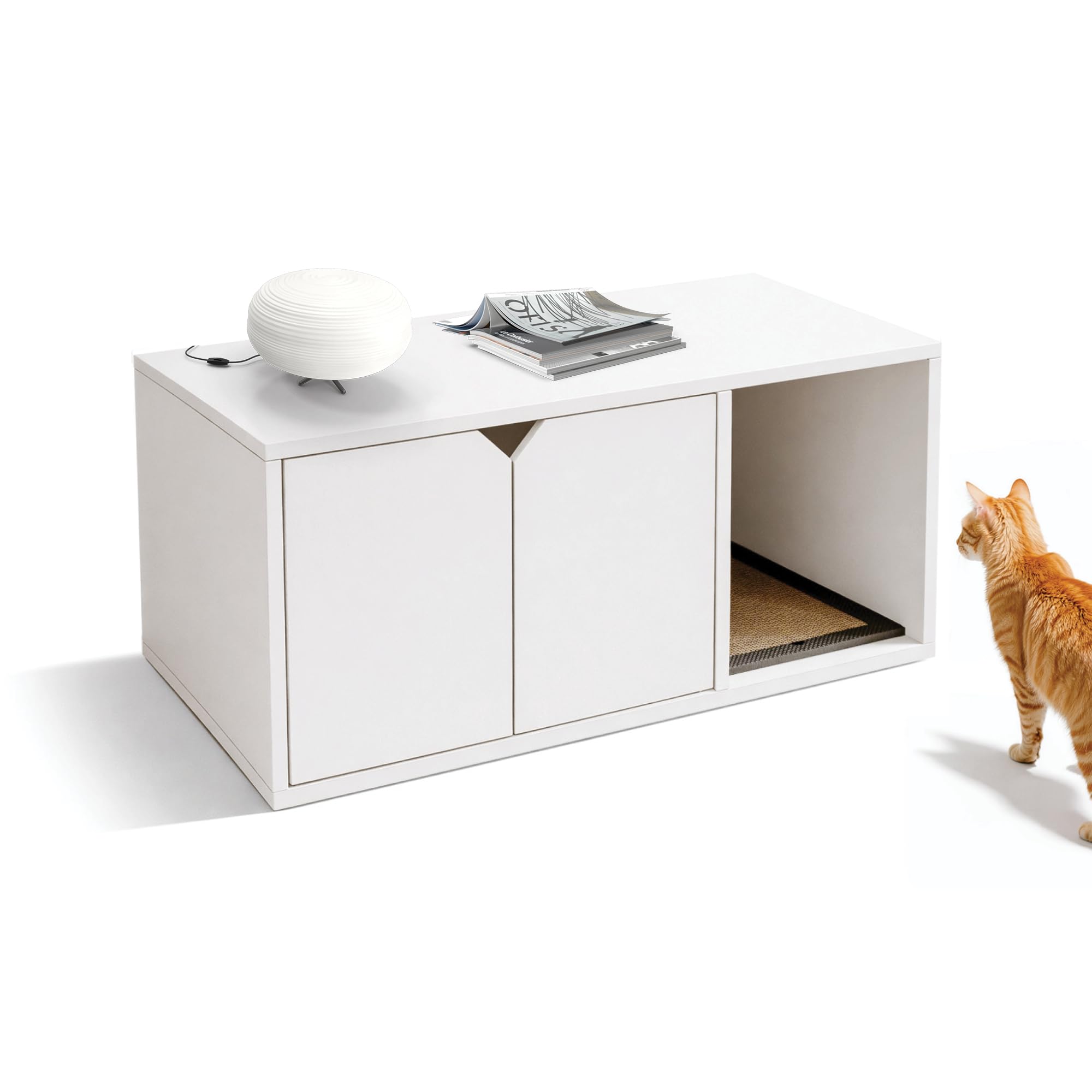 Catchi Katzenklo Schrank in Weiß – Nachhaltig & 100% recycelbar – Formaldehydfrei & Schadstofffrei – inklusive Kratzbrett – Werkzeuglose Montage – Modernes Design - 91x52x43cm