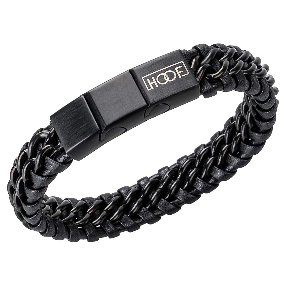 HOOF Bracelet pour homme - En cuir véritable et acier inoxydable - Bracelet tressé - Boîte élégante - Rocker, motard, viking, gothique, punk, amis