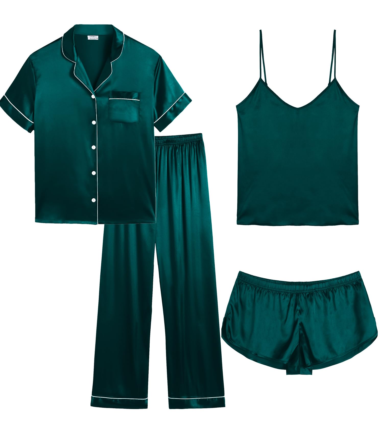 SWOMOG Women Plus Size Pajama Set 4pcs Silk Satin Sleepwear Button Down Pjs Cami Shorts Set Loose Loungewear 16W-26W Dark Green