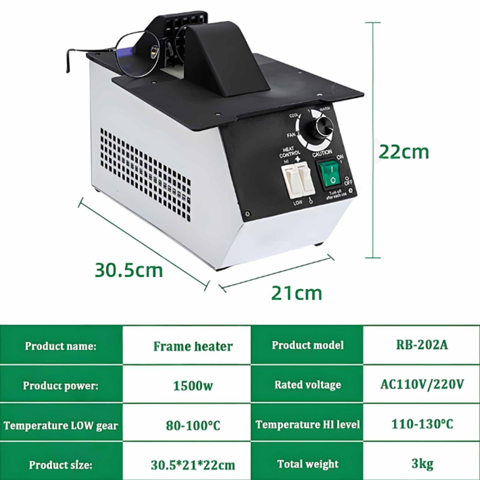 Podgrzewacz oprawek okularów 1500 W, przyrząd optyczny, regulowana temperatura, podgrzewacz oprawek, przełączanie ciepłego i zimnego powietrza,do z żywicy/arkuszami/itp