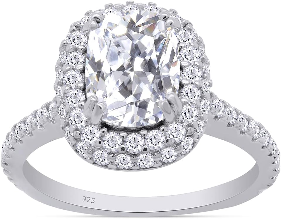 SAVEARTH DIAMONDS Radiant Cut 8X6MM Center And Round Sparkling White Cubic Zirconia Halo Solitaire Engagement Ring In 14k Gold Over Sterling Silver Jewelry For Women