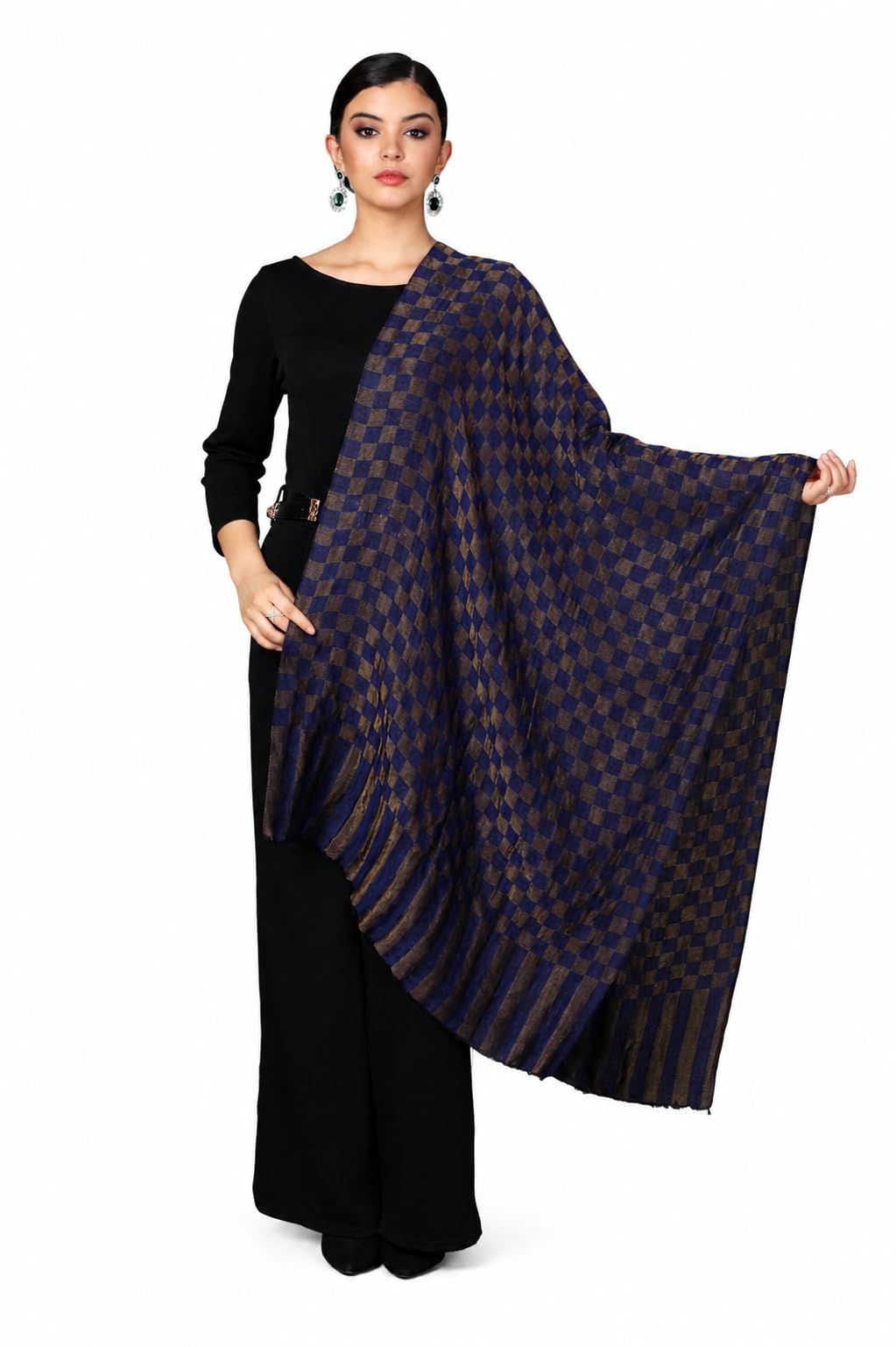 Womens Twilight Checkered Scarf, With Shimmery Zari Thread Weave, Blue And Golden-image-43
