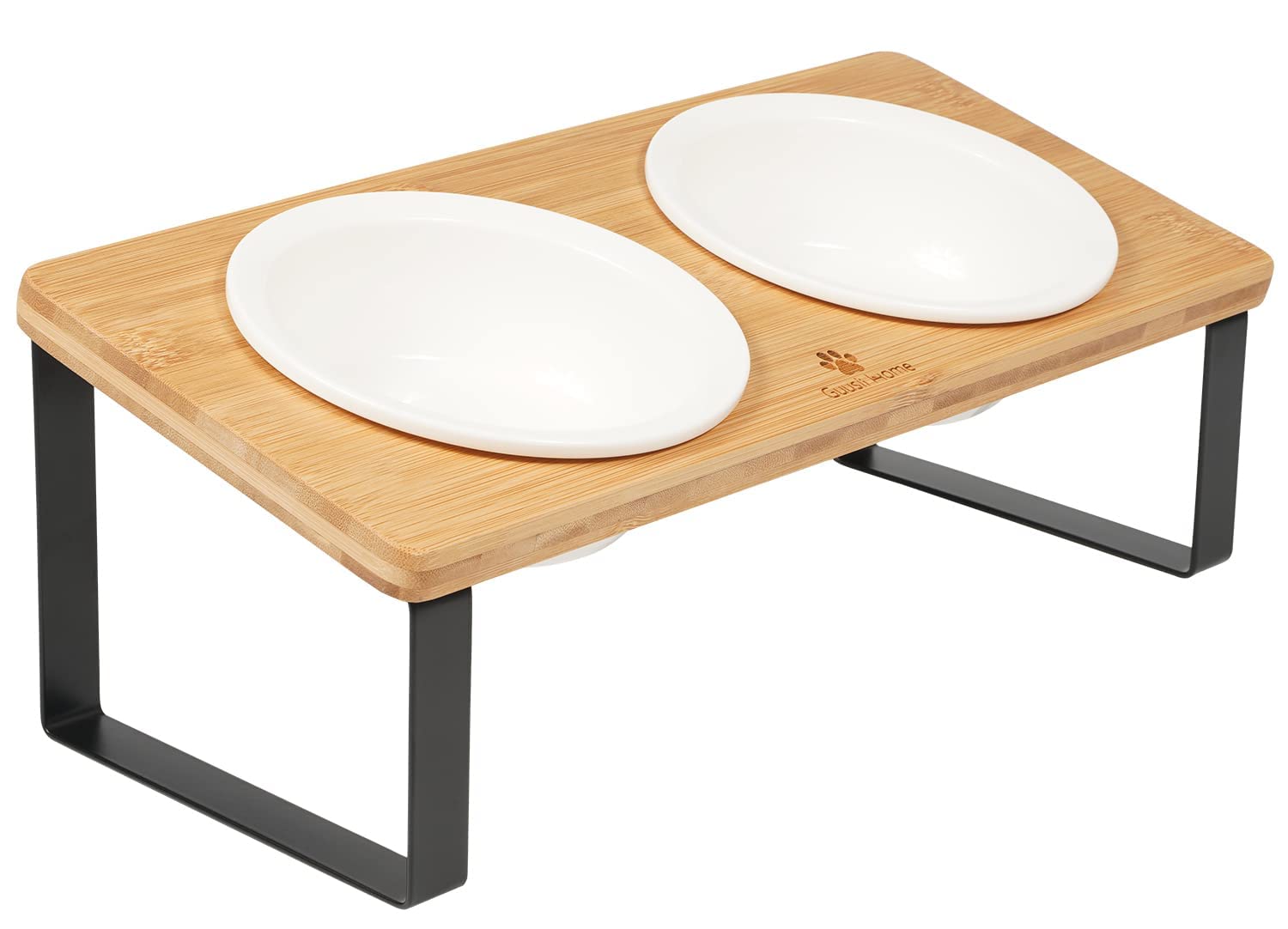 GUUSII HOME Ciotole per Gatti Rialzate Ciotola Gatto Ceramica Legno 15° Inclinate Gatto Set di Doppio Ciotole per Alimenti Ø14cm con Supporto in Bambù Inclinato Antiribaltamento (Colore legno)