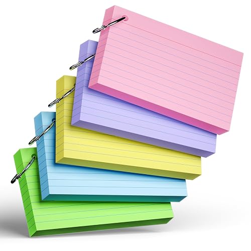 250 Count Colored Index Cards with Ring 3 x 5 Inch Heavyweight Ruled Index Cards, Flash Cards for School & Office Supplies and Home Organization, Durable Study To Do List Note Cards with Ruled Lines