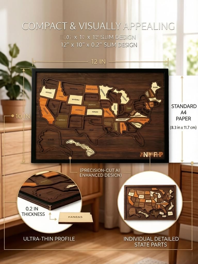 Wooden USA Travel Map Puzzle, Interactive US Journey Tracker with Removable State Pieces, Wall Art Decor for Home Classroom, Ideal Travel Keepsake Gift for Families & Couples (2-Pcs)