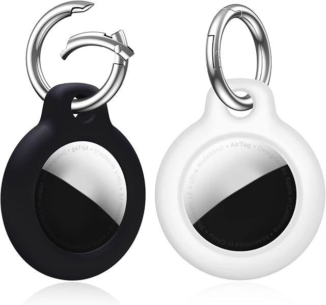 SPGUARD Airtag Keyring Holder for Apple Airtag Case, [2-Pack] Protective Airtags Keychain Tracker Cover with Air Tag Holder Airtag Key Ring for Keys, Bags, Luggage and Pet Collar (Black/White)