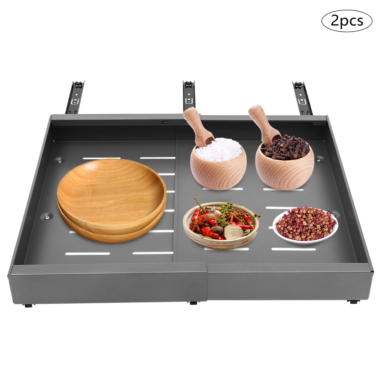 2 Stück Kohlenstoffstahl Grau 32-52 cm Modern Küche und Bad Teleskopschublade Ausziehbare Schublade Küche 50cm Tief Pull Out Cabinet Organizer Küchen Schrank für Schränke