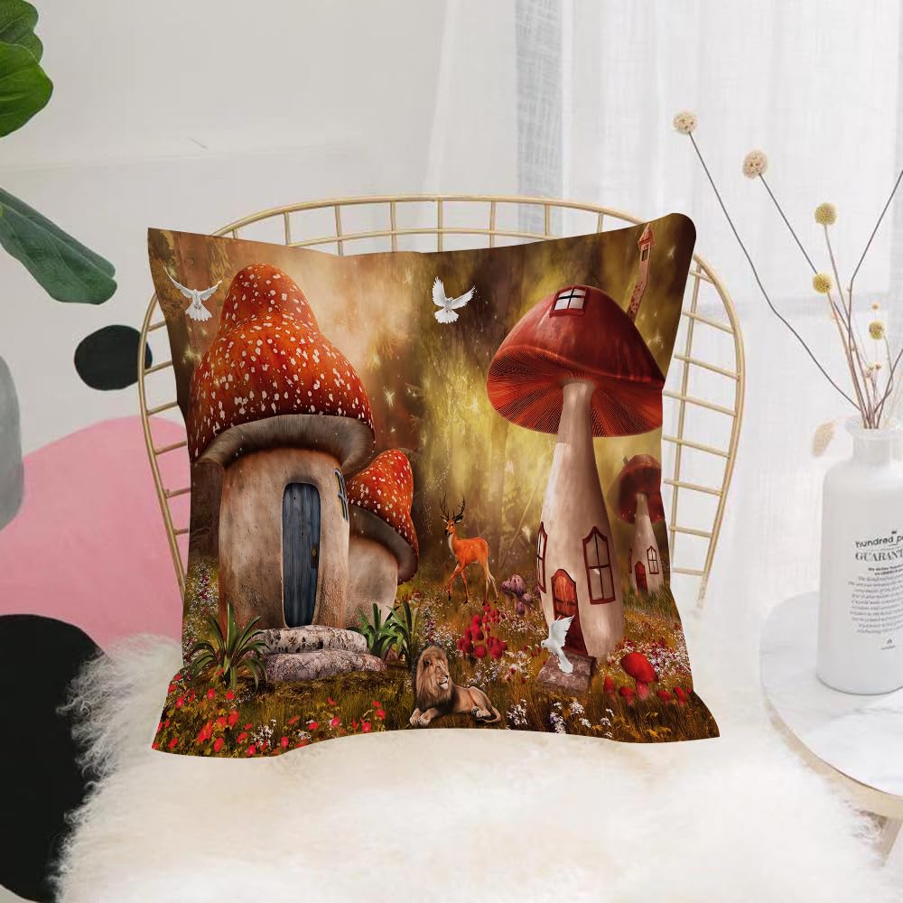 HYMSXW Cushion Cover,Throw Pillow Case Home Decorative for Living Room Bedroom Sofa Chair 20X20 Inch,Fairy tale mushroom house background with live animals inside,Pillowcase 50X50cm