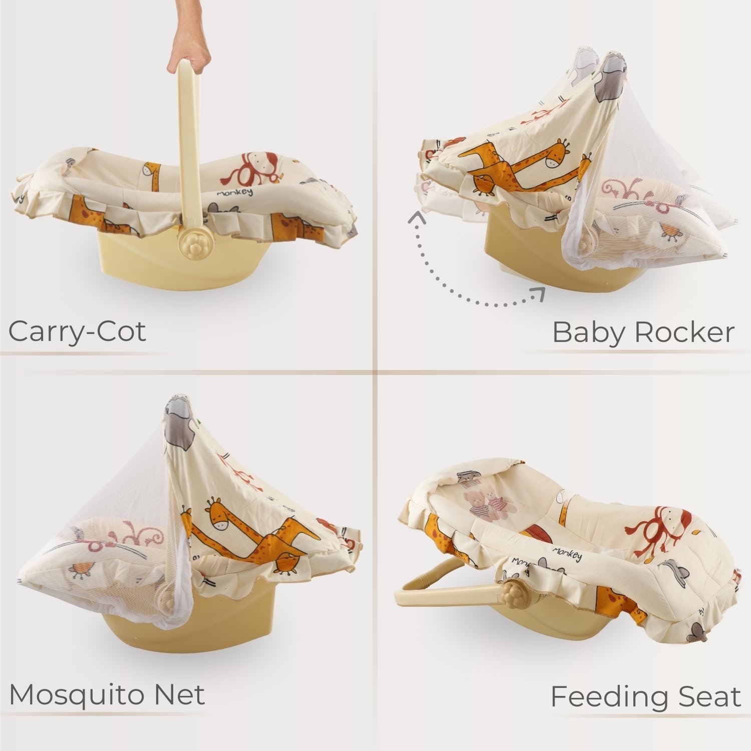Mama Luv Mee 5 in 1 DLX Baby Carry Cot & Rocking Chair with Adjustable Handle | Large Canopy | Safety Lap Belt | Anti-Mosquito | Double Cushioned Washable Seat (Beige) (5 in 1) - Image 7 thumbnail