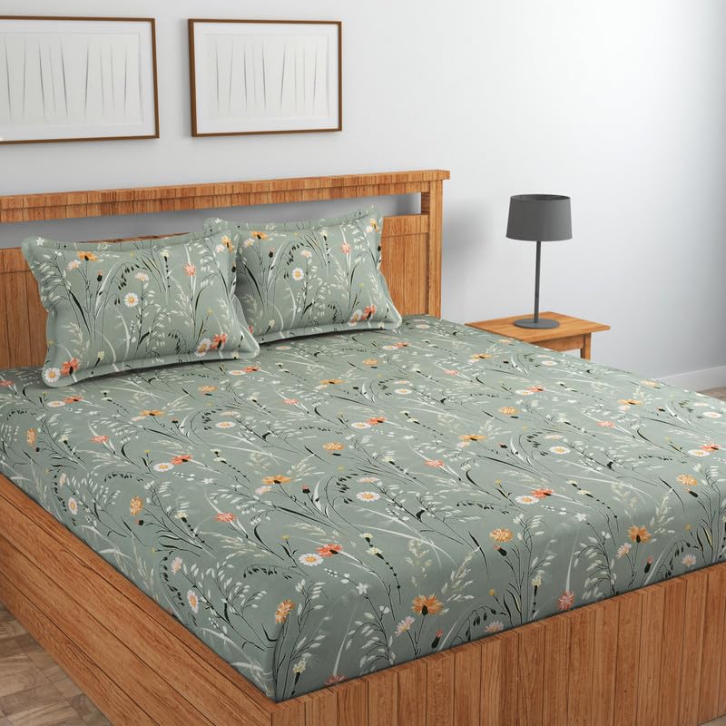 Image of NEW LEAF Cotton Fitted King Size Bedsheets with 2 Pillow Covers | Elastic Fitted | Wrinklefree | Ultrasoft |Winter Bedsheet 220 tc tc Floral | 710x72+10 Inches, Grey Rust