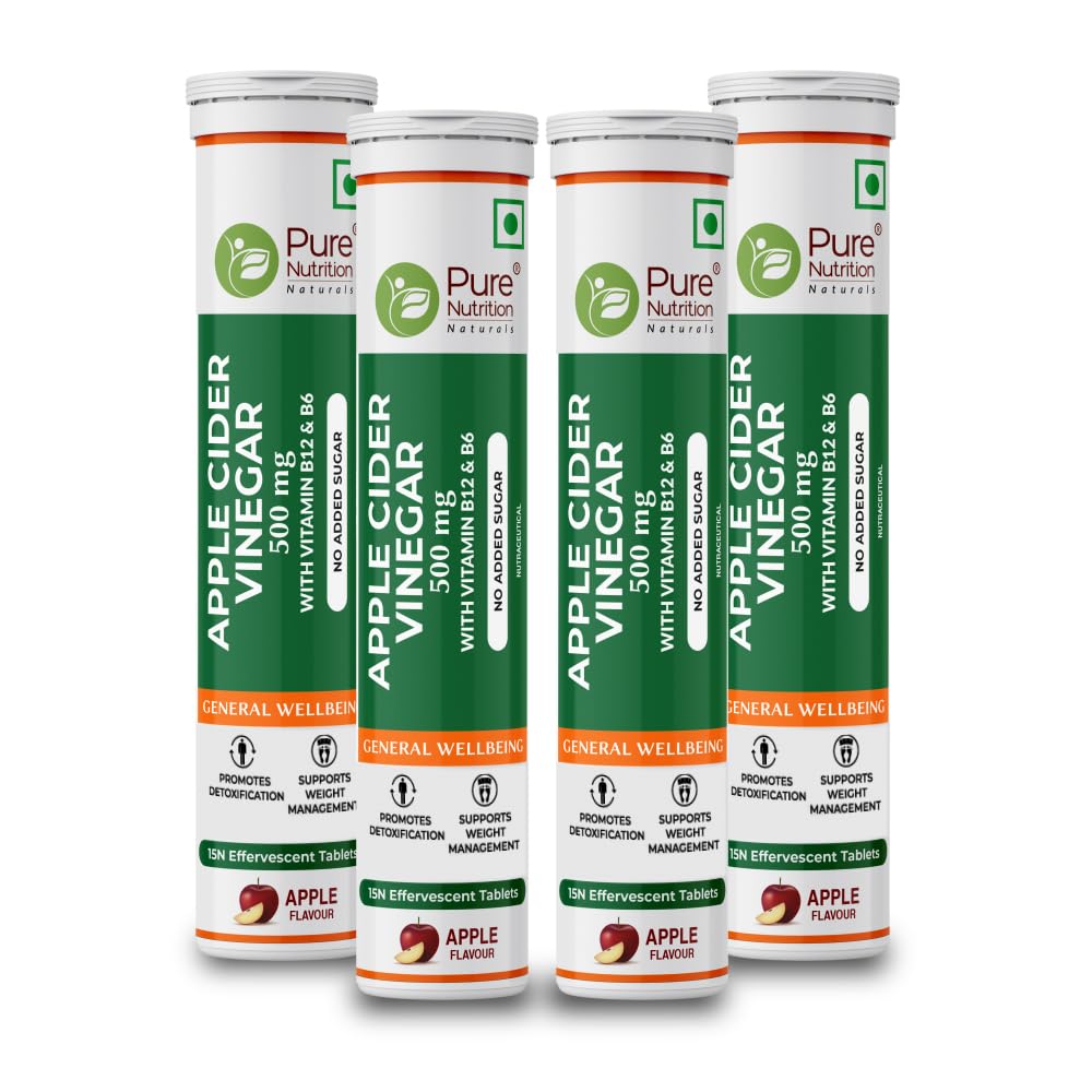 Pure Nutrition ACV 60 Effervescent Tabs (15 x 4) for Weight Management & Gut Health | Apple Cider Vinegar with Mother, Vitamin B12 & Garcinia Cambogia To enhance metabolic function & Easy Digestion