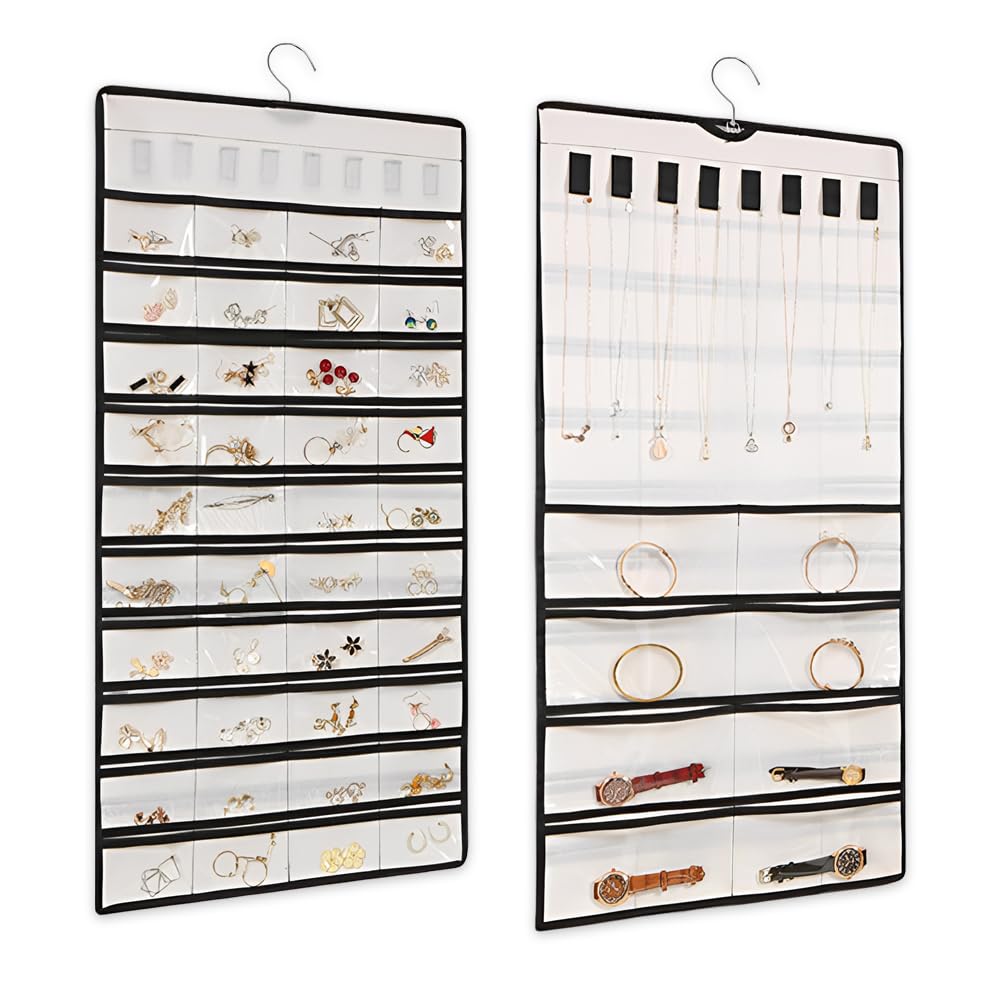48 Scomparti Porta Gioielli da Appendere Armadio 43 X 78 CM,Appendi Collane da Parete Con Gancio,Hanging Jewelry Organizer Portagioielli Organizzatore per Bracciale, Anello, Ciondolo - Bianco