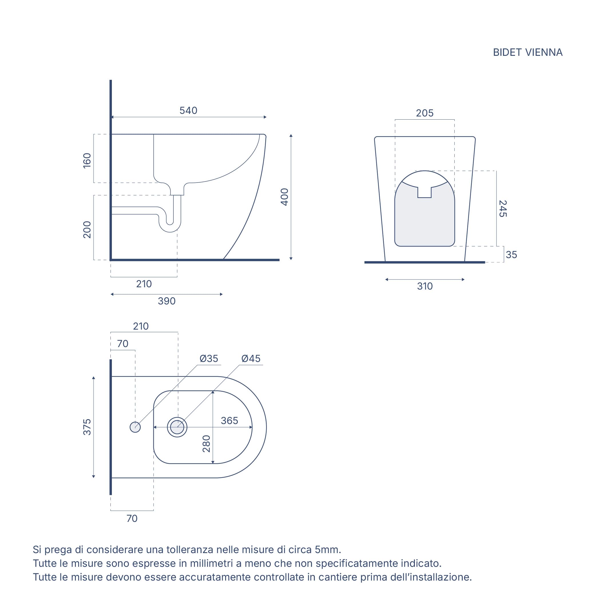 Coppia di sanitari filomuro vaso monoblocco rimless e bidet bianco opaco | Vienna