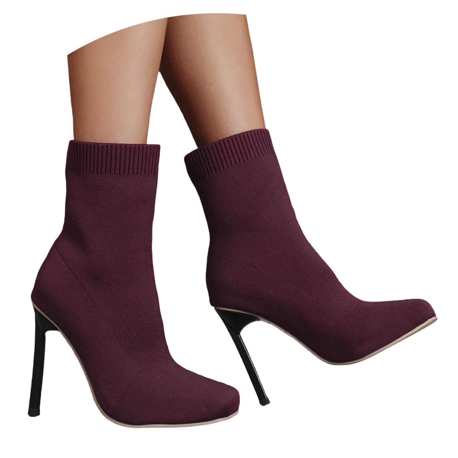 Bottes Mi-Mollet Femme en Maille Textile, Effet Chaussette, Talon Aiguille