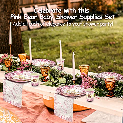Image of Pink Bear Baby Girls Shower Decorations Plates Napkins Cups Set - We Can Bearly Wait Baby Shower Supplies for 20 Guests Its A Girl Pink Baby Shower Plates for Girls Teddy Bear Baby Shower Party
