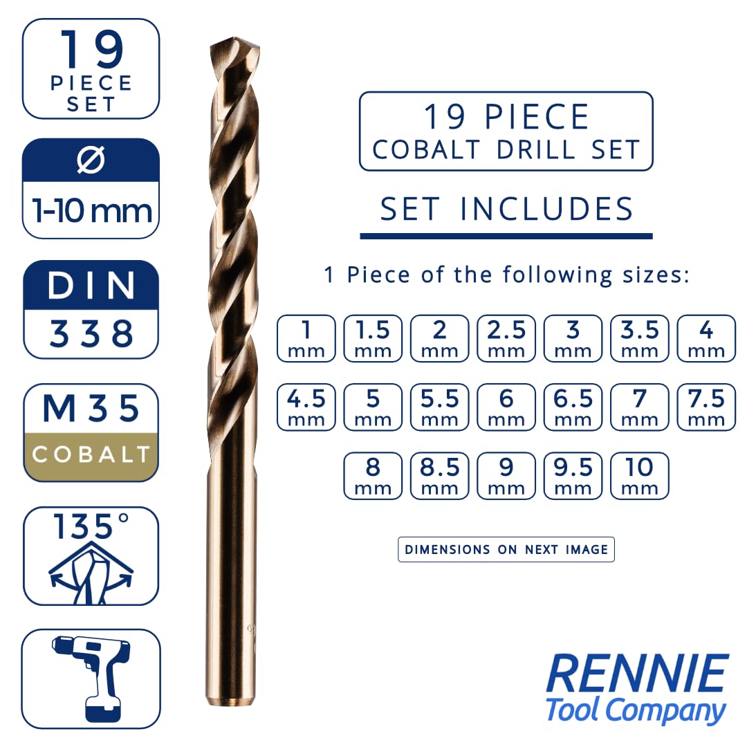 Rennie Tool Company Set di 19 punte per trapano HSS al cobalto con custodia in metallo, per acciaio inossidabile, alluminio, metalli duri, ghisa, plastica e legno