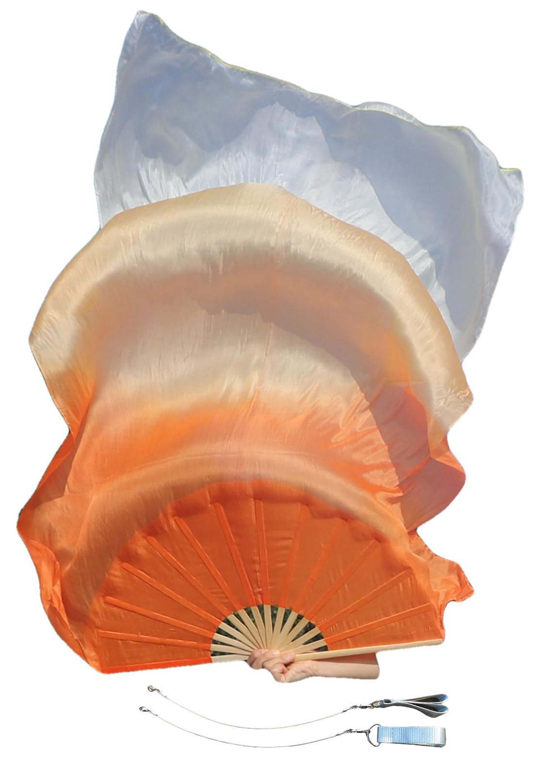 Winged Sirenny Pair Spinning Silk Fan Veils with Poi Strings,150cm (59") Fan Pois for Belly Dance, Flow Arts & Performance, with Adjustable Bamboo Handles & Carry Bag (orange fading)