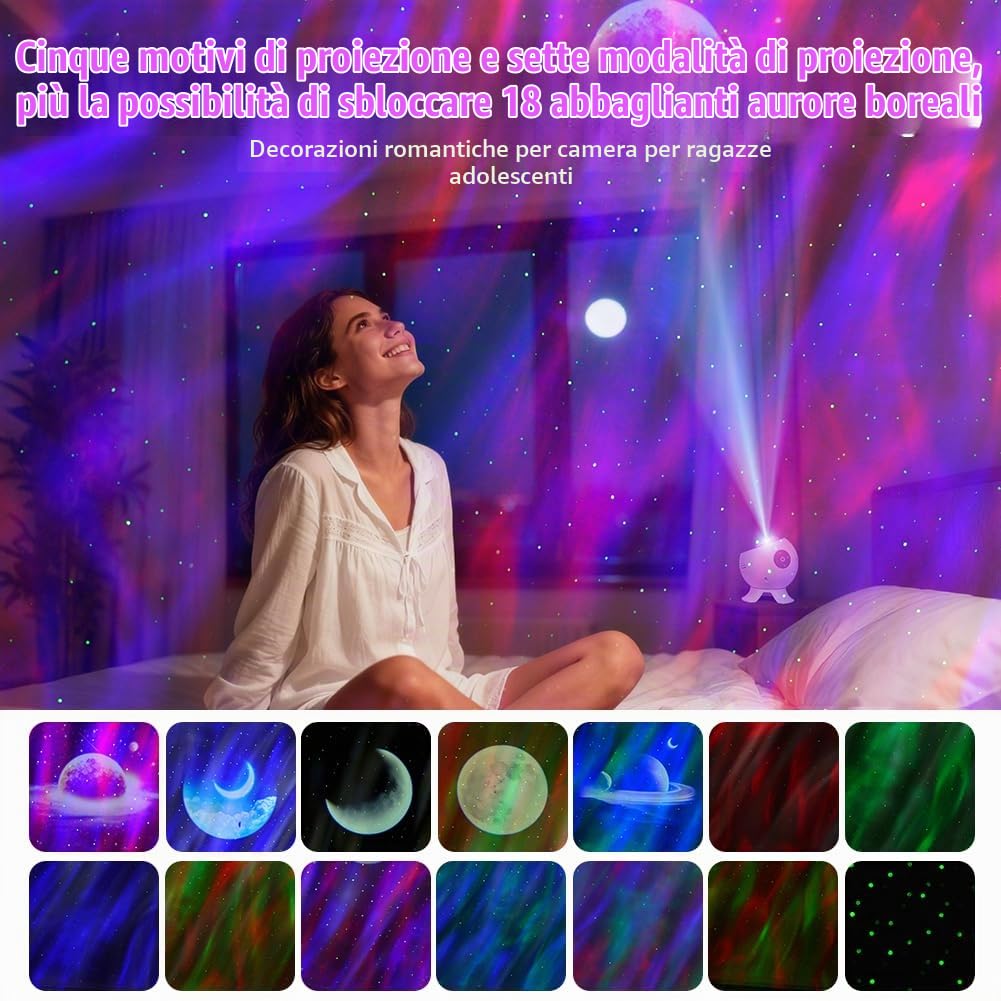 Proiettore Luminoso Galaxy, LED Proiettore Cielo Stellato Lampada, 18 Aurora, 8 Rumore Bianco, con Smart App, Timer e Telecomando, Bluetooth Musicale, per Adulti e Bambini, Letto e Soggiorno