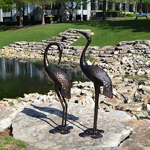 Westcharm Cast Aluminum Cranes for Yard Garden Sculpture Pair Statue - Upright and Preening Standing Crane Heron Couple Sculpture Set, Bronze