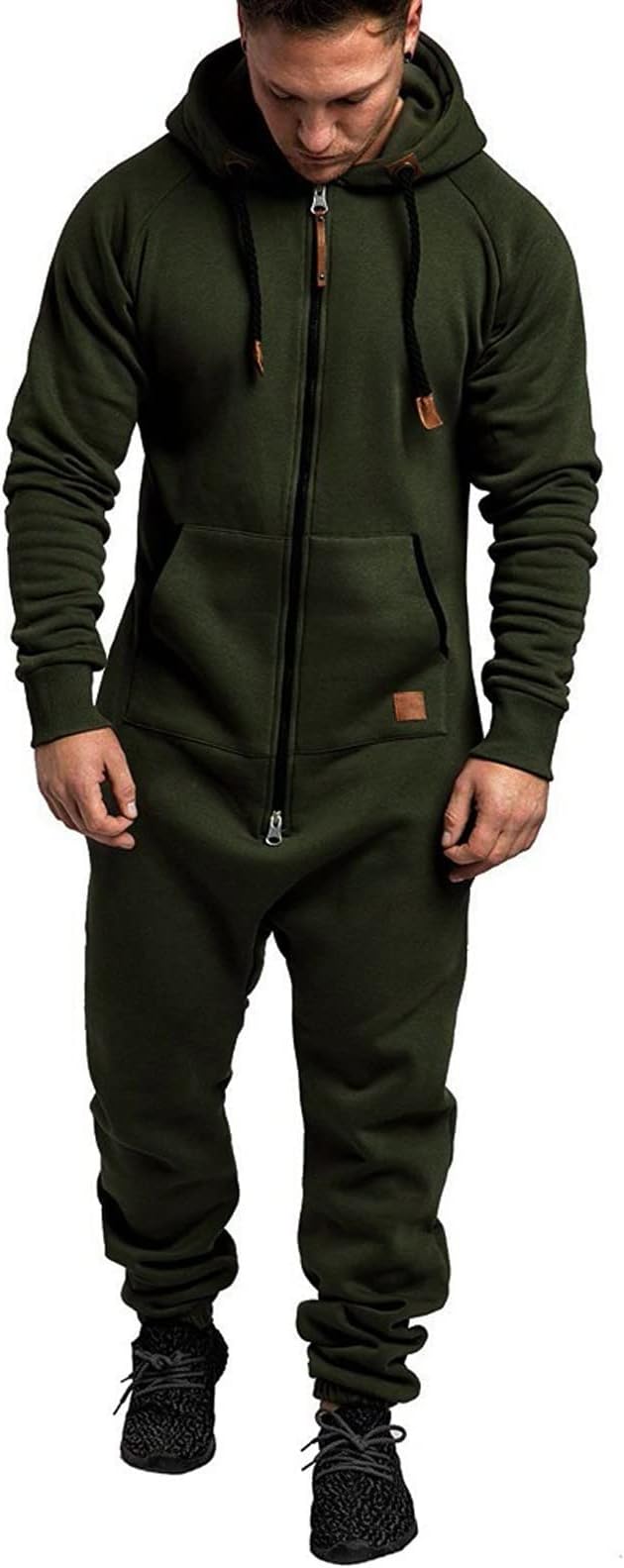 WUAI Onesie Men's Hooded Jumpsuit Zip Up One Piece Pajamas Playsuit Jogger Sweatsuit Overall Romper Army Green