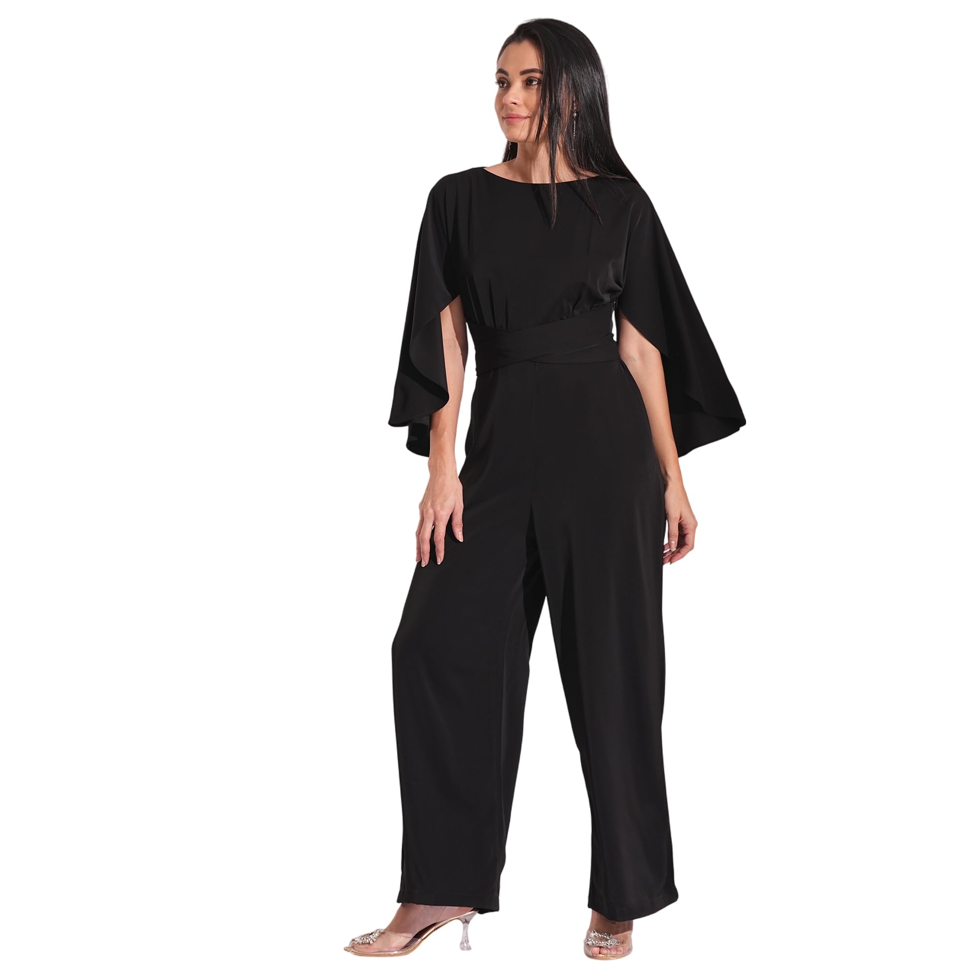 globus Women Boat Neck Cape Sleeves Criss Cross Waist Tie-Up Detail Satin Party Jumpsuit-picture-23