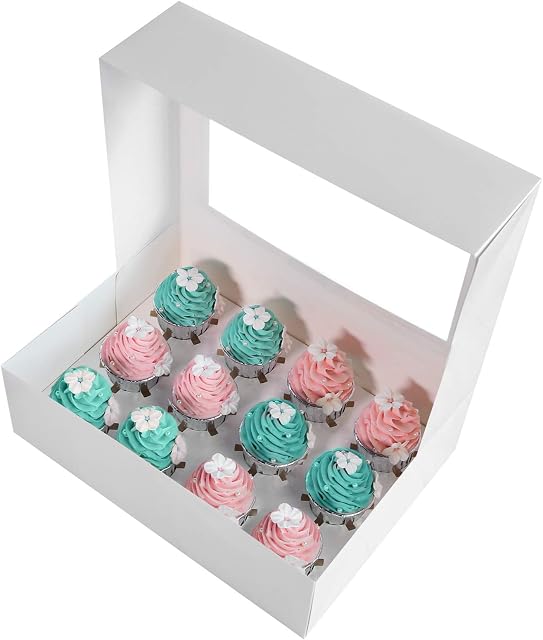 15-Packs ONE MORE White Cupcake Boxes,Food Grade Kraft Pop-up Bakery Boxes with Inserts and Display Windows 13.8 x 9.5 x 4inch Fits 12 Cupcakes or Muffins,Pack of 15