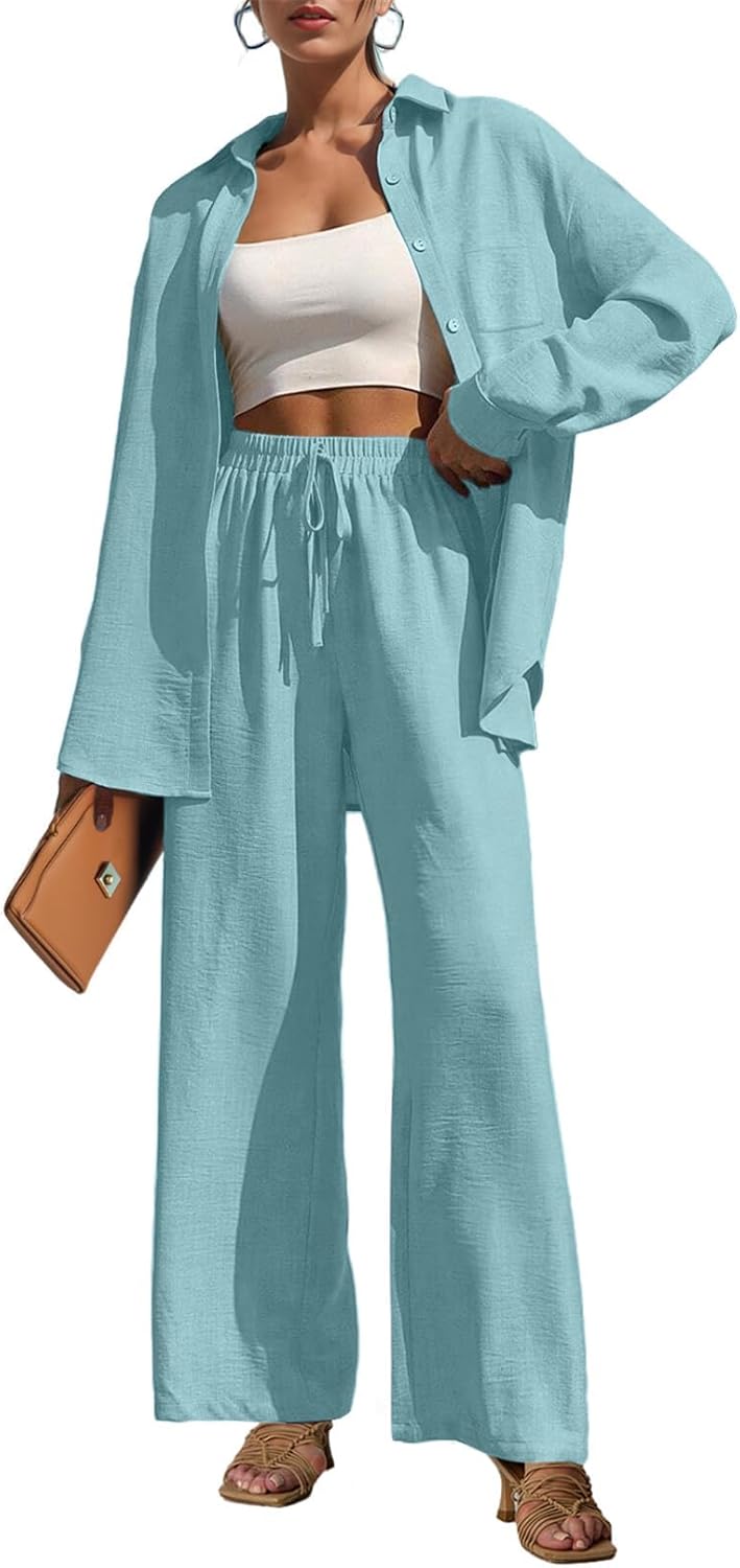 Lepunuo 2 Piece Outfits for Women Casual Lounge Sets Long Sleeve Button Down Shirts and Wide Leg Pants Sets Tracksuit