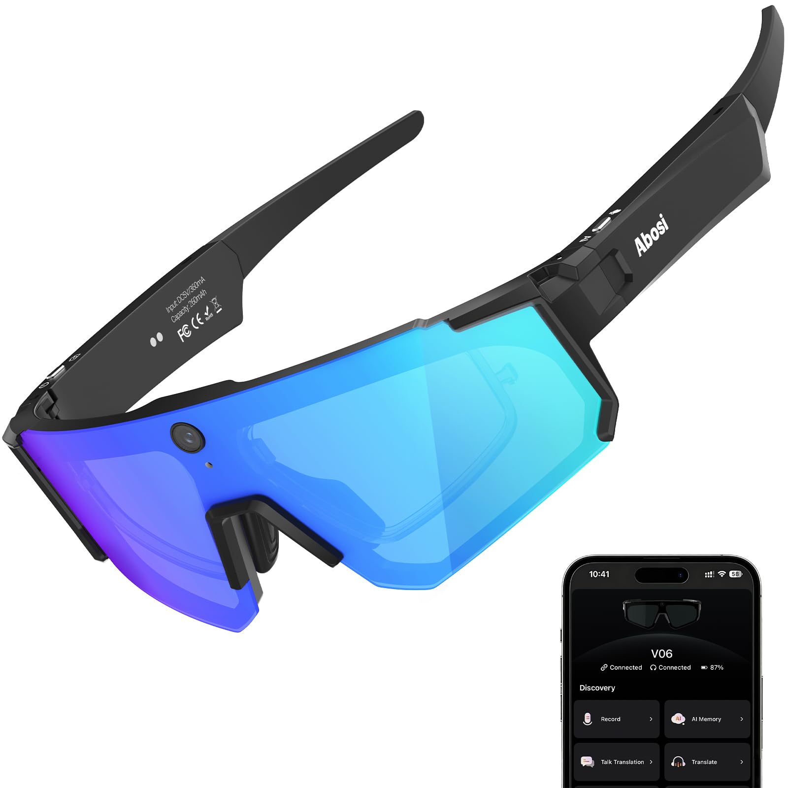 Photo 1 of Abosi AI Smart Glasses with 8MP Camera, ChatGPT, Translation, Blue