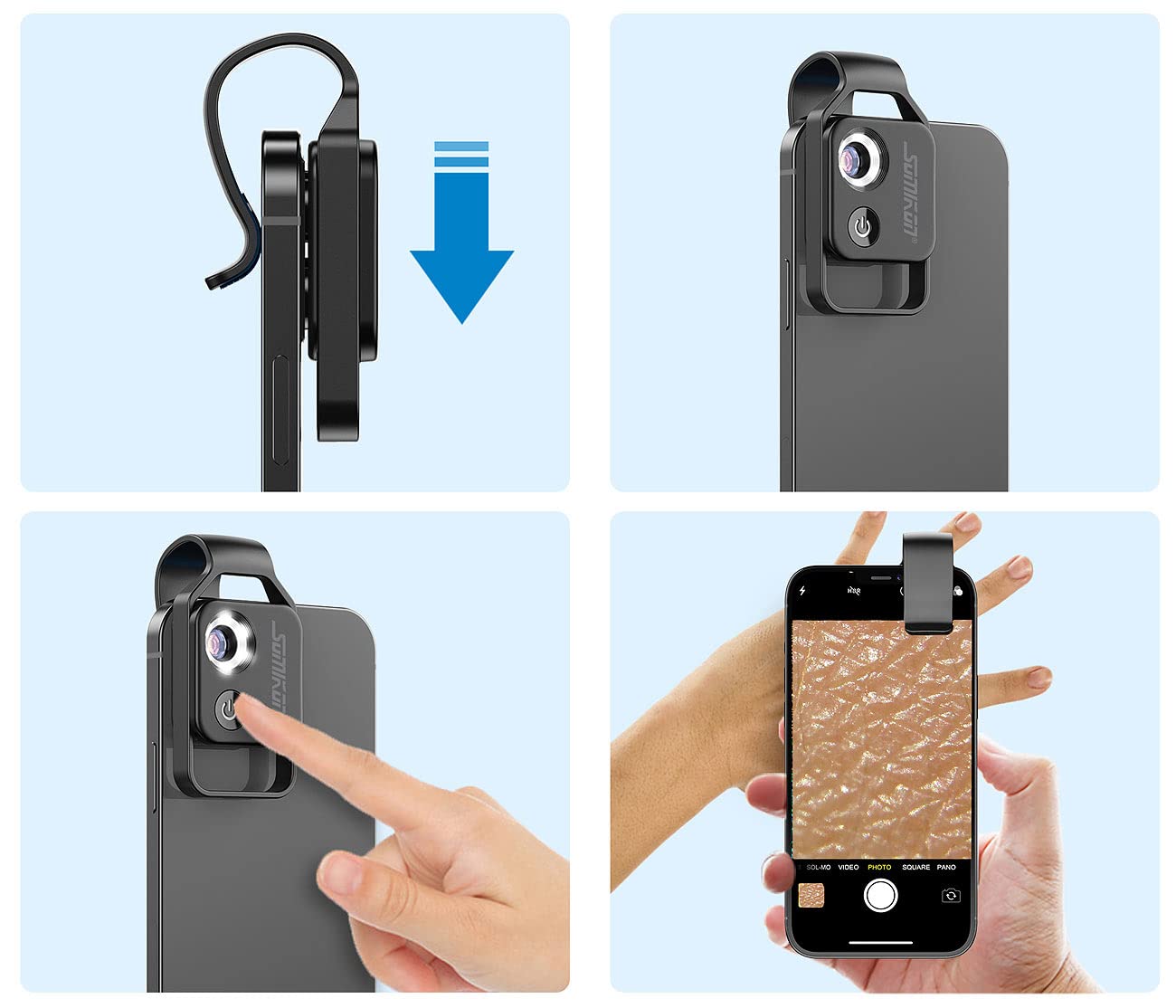 Somikon Handy Mikroskop: Mikroskop-Vorsatzlinse für Smartphones, 200-fache Vergrößerung, 6 LEDs (Taschenmikroskop, Microscope Handy, HTC)