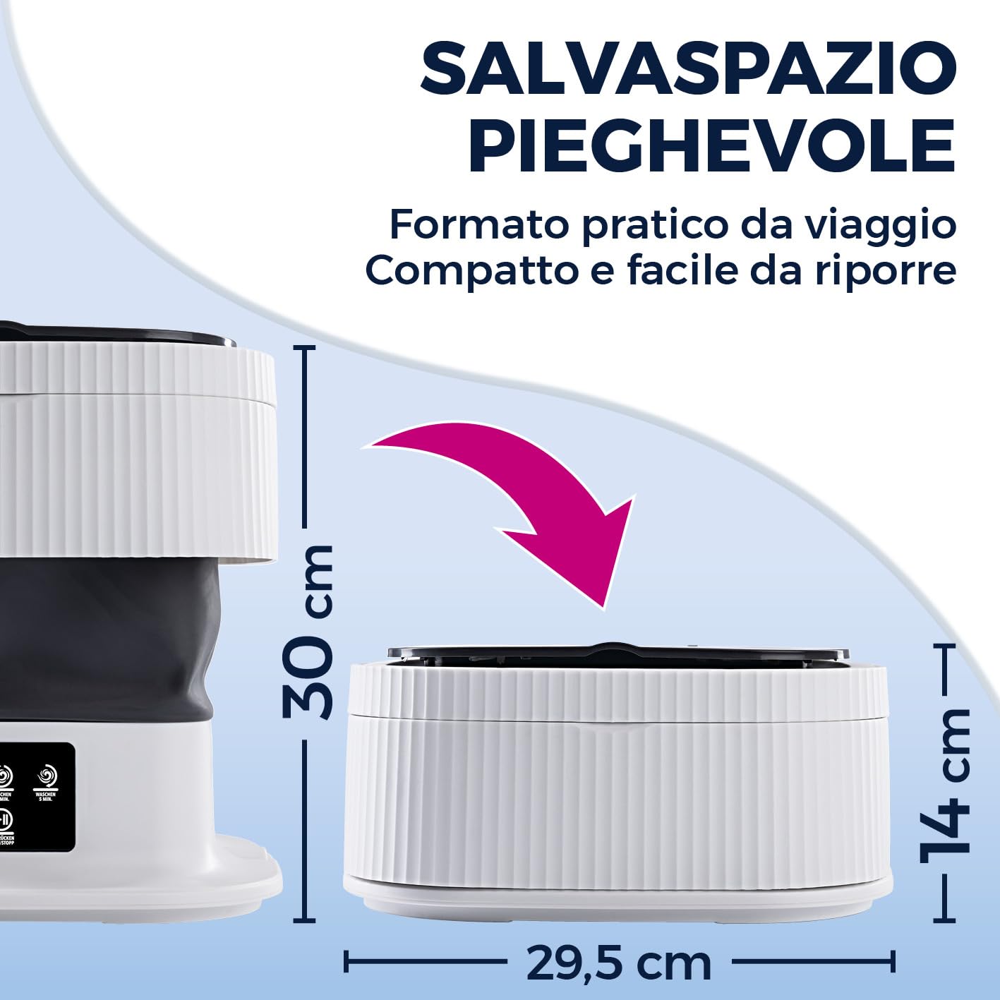 CLEANmaxx Mini lavatrice ideale per i viaggi, lavatrice mobile con 2 programmi di lavaggio e una centrifuga, pieghevole e silenziosa, per fino a 1 kg di biancheria, adatta per campeggio e viaggi