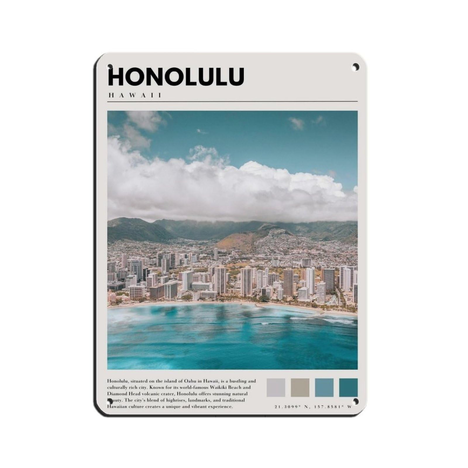 Honolulu Oahu Hawaii Poster Honolulu Hawaii Art Retro Poster Metal Tin Sign Chic Art Retro Iron Painting Bar People Cave Cafe Family Garage Poster Wall Decoration 12x16inch(30x40cm)