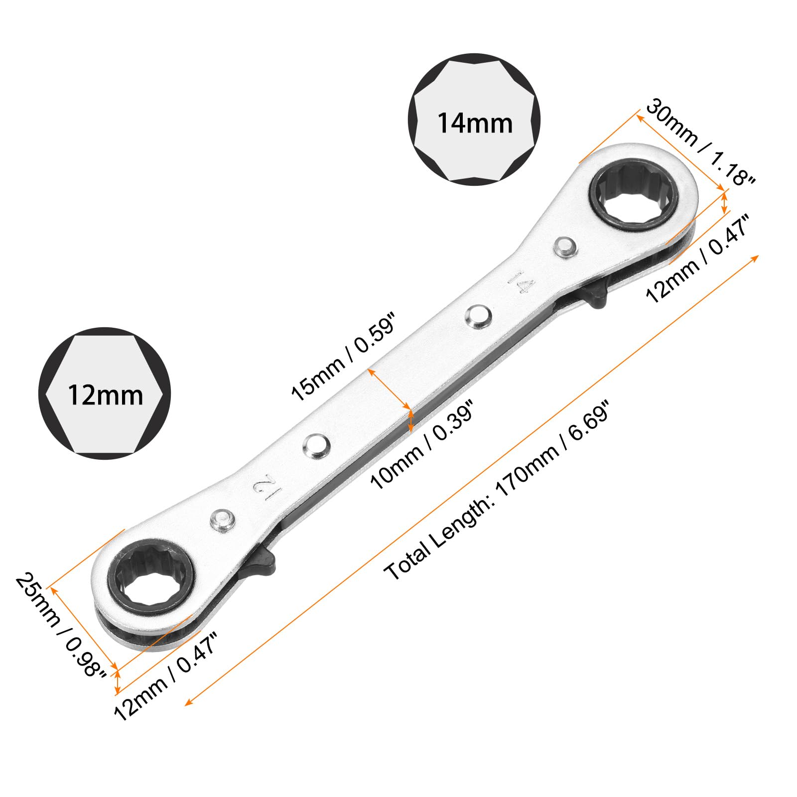 Chiave a cricchetto Reversibile a Doppia estremità 12 mm x 14 mm in Acciaio CR-V, Rotazione a 180 Gradi, metrica, Doppia Testa, 12 Punte, 24 Denti, Regolabile, Grigia