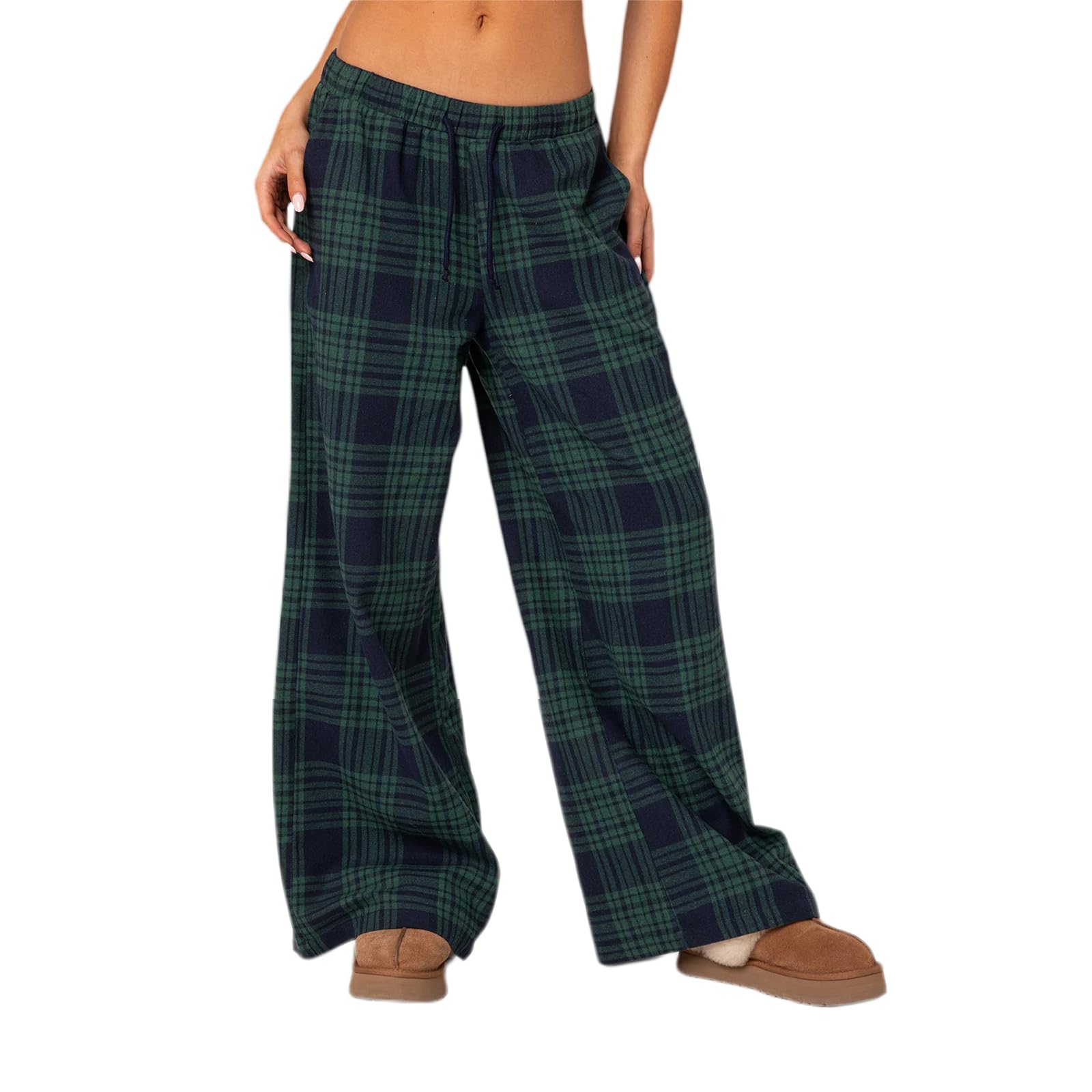 Women Vintage Plaid Baggy Pants Y2K Gingham Elastic Waist Wide Leg Sweatpants Casual Lounge Trousers with Pocket