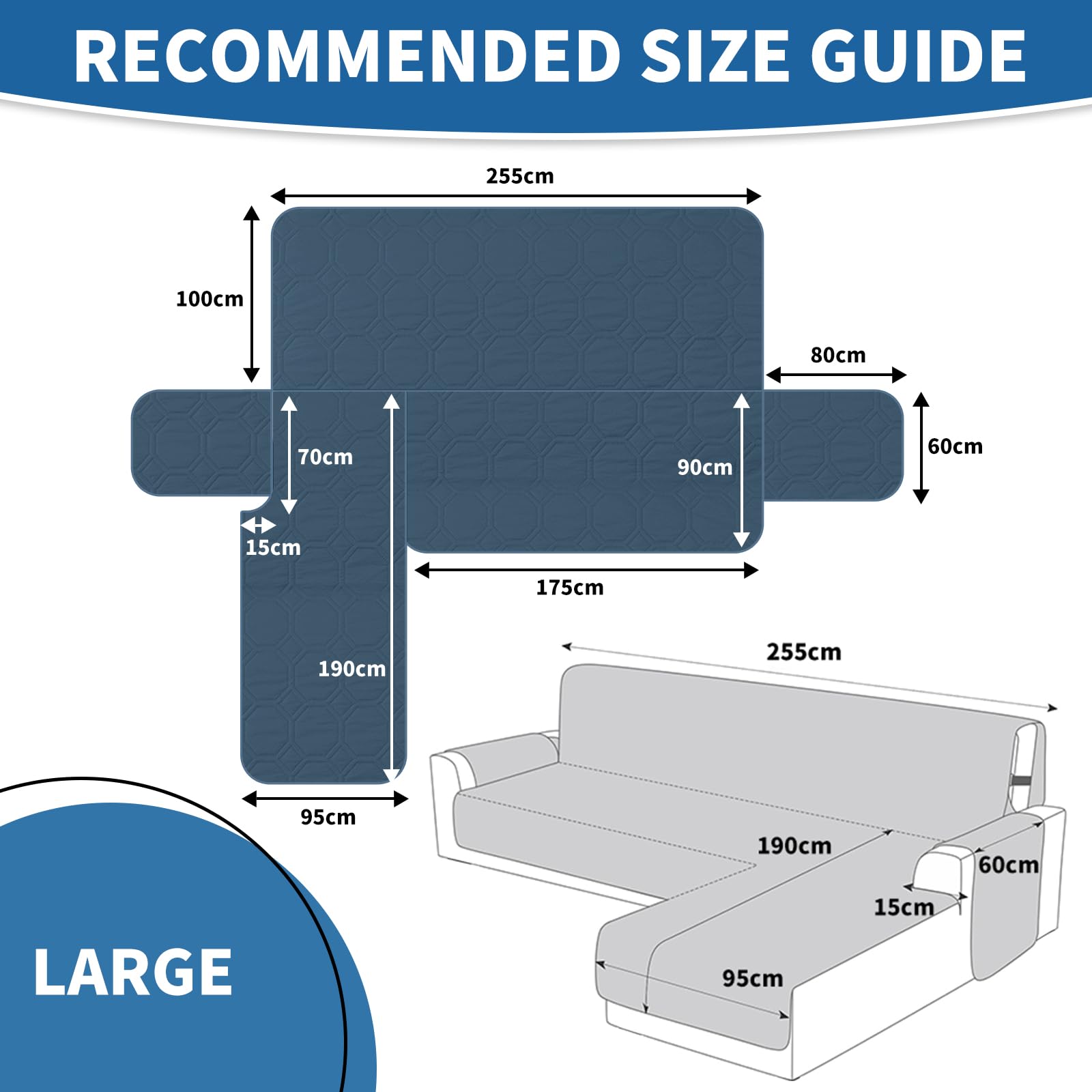 Ystyle Copridivano Impermeabile con Penisola 3 Posti (L 255 CM), Copridivano Angolare Destra/Sinistra Universale Reversibile, Copridivano Chaise longue Antigraffio Antimacchia, Blu Berlino