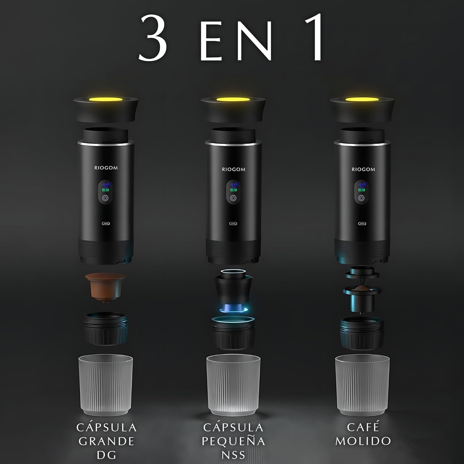 Cafetera Portátil de Capsulas 3 en 1 Outin 20v Usb-C + Estuche rígido, Compacta, Ligera Y Recargable, Ideal para Tomar Cafe Caliente en Camping, Coche, camion Oficina (Gris)