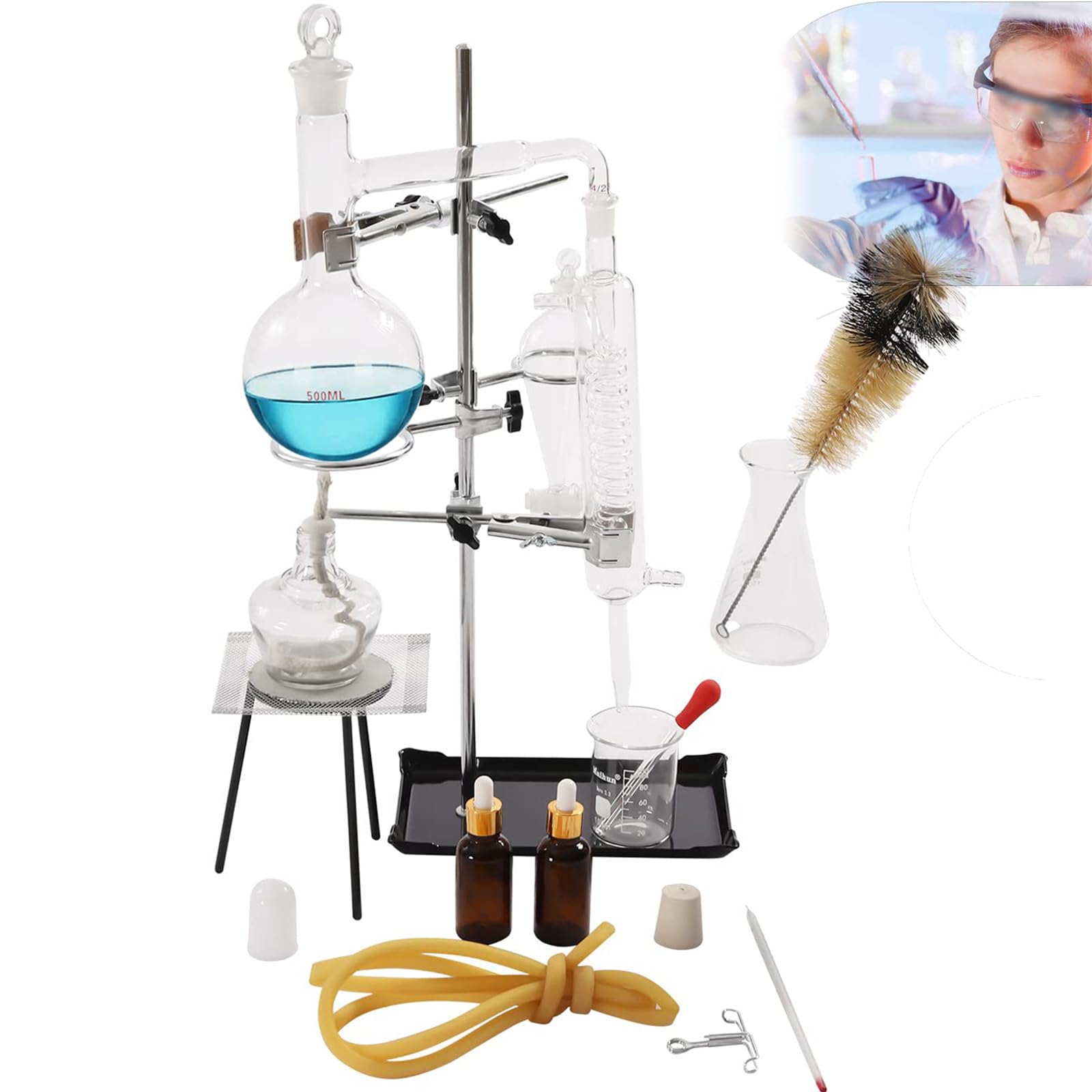 Kit De Destilación De Aceites Esenciales De 500 Ml, Juego De Aparatos De Destilación De Aceites Esenciales De Laboratorio, con Lámpara De Alcohol De 150 Ml, Botella De Aceite Esencial De 30 Ml
